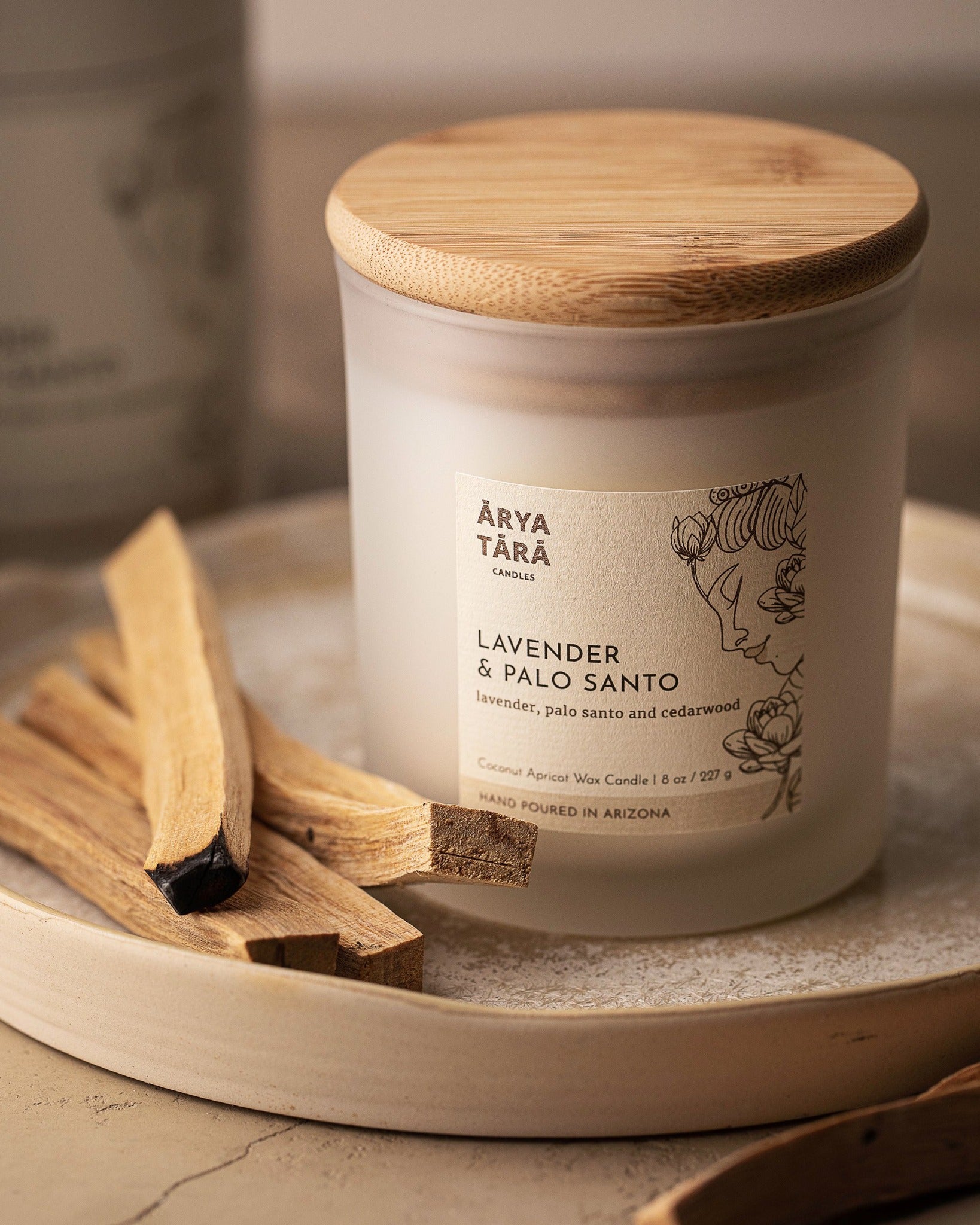 Lavender and Palo Santo Candle by Arya Tara Candles. Provence lavender, palo santo and Atlas cedarwood. French lavender and South American palo santo scented candle. Non-toxic natural candle made with coconut apricot wax, lead-free zinc-free wicks, premium fragrances. Luxury candle, natural candle. Made in Tucson Arizona, hand poured candle in small batch.