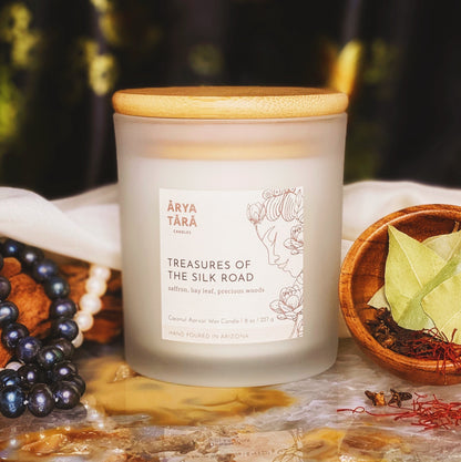 Treasures of the Silk Road Candle by Arya Tara Candles. Saffron, clove bud, bay leaf, black pepper, sandalwood, rosewood, amyris, vanilla. Luxury candle, natural candle. Made in Tucson Arizona, hand poured candle in small batch. Non-toxic natural candle made with coconut apricot wax, lead-free zinc-free wicks, premium fragrances. 