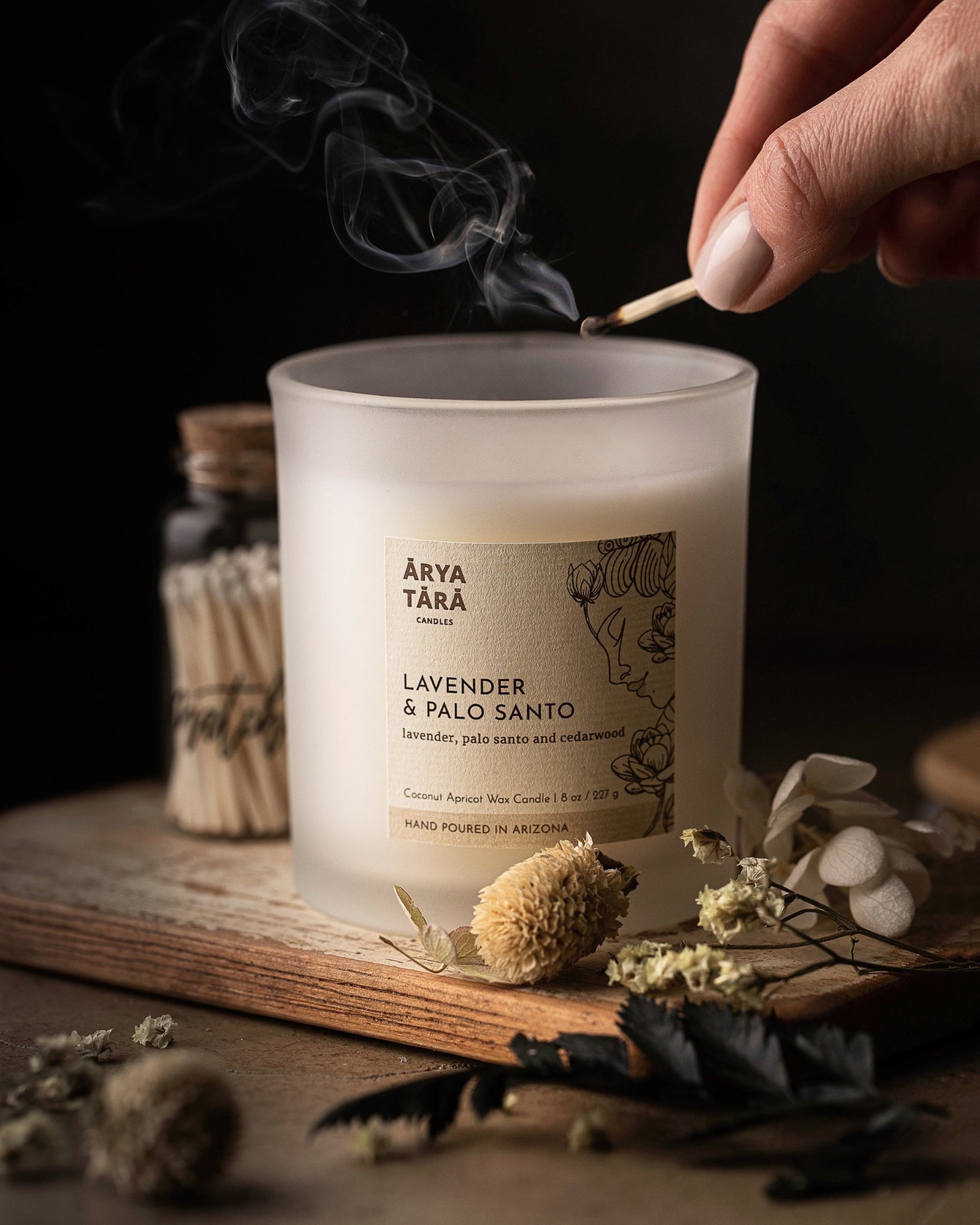 Lavender and Palo Santo Candle by Arya Tara Candles. Provence lavender, palo santo and Atlas cedarwood. French lavender and South American palo santo scented candle. Non-toxic natural candle made with coconut apricot wax, lead-free zinc-free wicks, premium fragrances. Luxury candle, natural candle. Made in Tucson Arizona, hand poured candle in small batch.